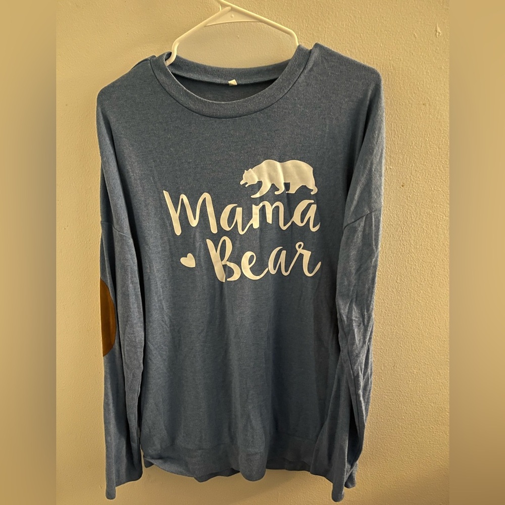 Oversized, maternity size medium mama bear light top with elbow patches
